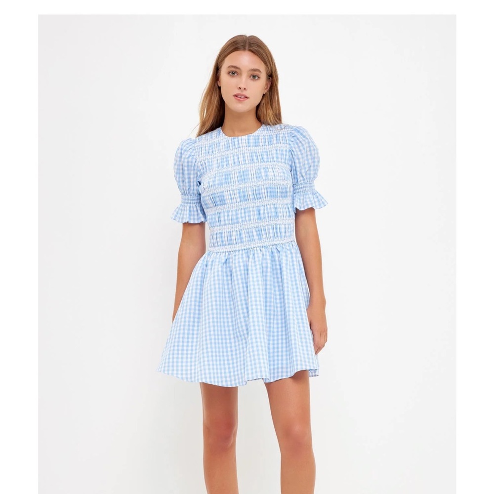 English Factory GINGHAM PUFF SLEEVE MINI DRESS